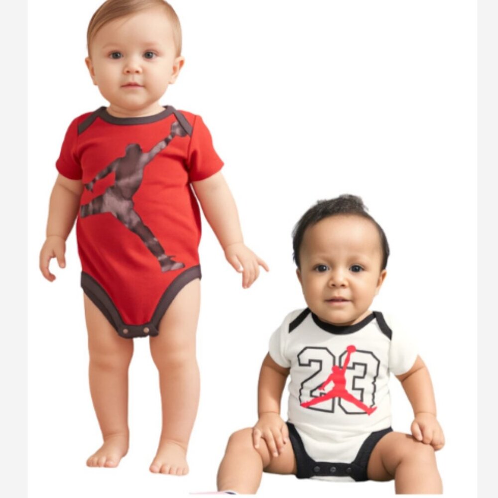 (2) Jordan 1 Pieces #23 Unisex Size 3 Months Red & White Cotton Poly Blend Snaps